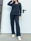 woloong V-Neck Long Sleeves Loose Solid Color Shirt Top + Pants Bottom Pajama Sets