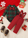 2PCS Christmas Baby Boy's Plaid Long Sleeve Collared Onesie & Suspender Pants, Cute Little Gentleman Two-Piece Outfit, Outdoor Cloth