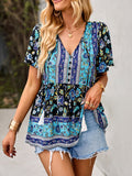 woloong Tied Tasseled Split-Joint Flower Print Buttoned Short Sleeves Loose V-Neck T-Shirts Tops