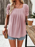 woloong Solid Color Pleated Hollow Short Sleeves Loose Square-Neck T-Shirts Tops