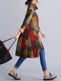 woloong Artistic Retro Loose Long Sleeves Contrast Color Plaid Heaps Collar Midi Dresses