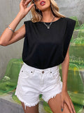 woloong Solid Color Shoulder Pad Hollow Sleeveless Loose Round-Neck T-Shirts Tops