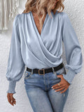 woloong Solid Color Elasticity Loose Long Sleeves V-Neck Blouses&Shirts Tops