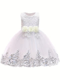 Toddler's Elegant Sequin Mesh Princess Dress, Flower Decor Lace Sleeveless Gowns, Baby Girl's Clothing For Formal Occasion/Birthday Party/Photography/Banquet