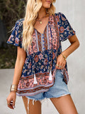 woloong Tied Tasseled Split-Joint Flower Print Buttoned Short Sleeves Loose V-Neck T-Shirts Tops