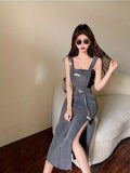 Split Side Plain Washed Grey Retro Style Denim Overall Dress, Women's Denim Jeans & Clothing