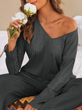 woloong V-Neck Long Sleeves Loose Solid Color Shirt Top + Pants Bottom Pajama Sets