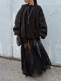 woloong Split-Joint See-Through Mesh Jacquard Hollow Elasticity Loose High Waisted Skirts Bottoms