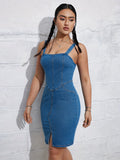 Women's Split Denim Bodycon Dress, Sexy Sleeveless, Knee-Length, Slim Fit, Summer Fashion, Back Zip Closure, Casual Streetwear