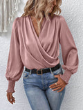 woloong Solid Color Elasticity Loose Long Sleeves V-Neck Blouses&Shirts Tops