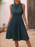 woloong Split-Joint Solid Color Pleated Sleeveless Loose Mock Neck Midi Dresses