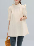 woloong Solid Color Pleated Bowknot Loose Half Sleeves Mock Neck Blouses&Shirts Tops