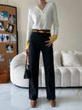 woloong Split-Joint Contrast Color Buttoned Long Sleeves Flared Sleeves V-Neck Cardigan Tops