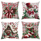 4-Pack 18x18 Inches Machine Washable Velvet Christmas Throw Pillow Covers - Festive Snowman, Candy Cane, Holiday Gift Designs with Plaid Pattern for Living Room, Bedroom Decor - Zippered Polyester Sofa Cushions (Pillow Inserts Not Included)