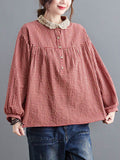 woloong Plaid Ramie Cotton Plus Szie Long Sleeve Shirts
