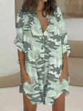 woloong Camouflage Buttoned Loose Long Sleeves Lapel Shirt Dress Mini Dresses