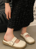 woloong Split-Joint Shallow Cut Round-Toe Belt Buckle Slippers&Mules Platform Shoes
