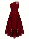 Knee High Elegant One-Shoulder Chiffon Fit and Flare Dress for Girls - Shimmering Rhinestone, Medium Stretch, Sleeveless, Pleated Hem, Solid Color, Hand Wash - Perfect for Junior Bridesmaid, Wedding, Pageant, and Party Occasions