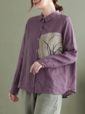 woloong Vintage Long Sleeves Loose Embroidered Lapel Collar Blouses&Shirts Tops