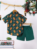 Boys' Christmas Printed 2-Piece Outfit, Polyester Fabric, Party Style, Non-Stretch, Random Print, Regular Fit, Woven, Button Detail, Shorts Set for Toddler Boys, for Outdoor