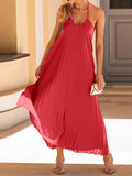 woloong Tied Solid Color Pleated Backless Sleeveless Loose Spaghetti-Neck Maxi Dresses