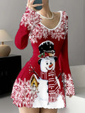 Elegant Polyester Long Sleeve V-Neck Christmas Dress - Fit and Flare Asymmetrical Hem with Snowflake Pattern, Knit Fabric, No Padding Adult Flared Dress