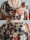 woloong Floral Printed Short Sleeves Puff Sleeves Round-Neck Midi Dresses