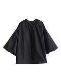 woloong Solid Color Pleated Hollow Buttoned Puff Sleeves Nine-Minute Sleeve Round-Neck Blouses&Shirts Tops