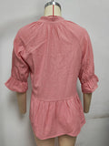 woloong Split-Joint Solid Color Pleated Elasticity Three-Quarter Sleeves Loose V-Neck T-Shirts Tops