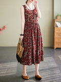 woloong Floral Printed Drawstring Sleeveless Oversize Round-neck Midi Dresses