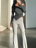 woloong Solid Color Skinny Long Sleeves Off-The-Shoulder T-Shirts
