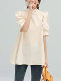woloong Solid Color Pleated Bowknot Loose Half Sleeves Mock Neck Blouses&Shirts Tops