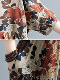 woloong Floral Printed Short Sleeves Puff Sleeves Round-Neck Midi Dresses