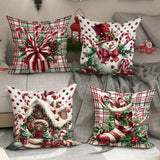 4-Pack 18x18 Inches Machine Washable Velvet Christmas Throw Pillow Covers - Festive Snowman, Candy Cane, Holiday Gift Designs with Plaid Pattern for Living Room, Bedroom Decor - Zippered Polyester Sofa Cushions (Pillow Inserts Not Included)