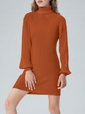 Lantern Long Sleeve Sweater Dress - Body-Hugging Fit Solid Color Elegant High Neckline Girls Knitted Sweater Dress for Everyday Wear with Comfortable Relaxed Fit and Easy Pullover Style