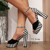 Ultrahigh Heel Womens Strappy Ankle Buckle Zebra Print Sandals - Breathable Summer Party Shoes with Block Heel, Faux Leather Inner and Rubber Sole - Sexy Open Toe Flannel Upper Dressy Shoes for All Seasons