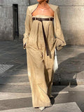 woloong Buttoned Long Sleeves Collarless Outerwear Top + Wide Leg Belted Jumpsuits Two Pieces Set