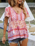 woloong Tied Tasseled Split-Joint Flower Print Buttoned Short Sleeves Loose V-Neck T-Shirts Tops