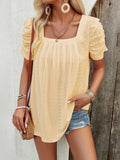 woloong Solid Color Pleated Hollow Short Sleeves Loose Square-Neck T-Shirts Tops