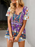 woloong Tied Tasseled Split-Joint Flower Print Buttoned Short Sleeves Loose V-Neck T-Shirts Tops