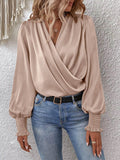 woloong Solid Color Elasticity Loose Long Sleeves V-Neck Blouses&Shirts Tops