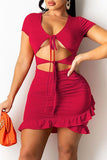 woloong - Black Sexy Casual Solid Hollowed Out Frenulum V Neck Short Sleeve Dress
