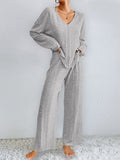 woloong V-Neck Long Sleeves Loose Solid Color Shirt Top + Pants Bottom Pajama Sets