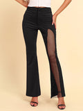 woloong Zipper Split-Joint Mesh Asymmetric High Waisted Pants Flared Trousers