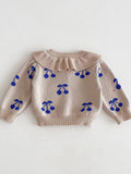 Adorable Cherry Pattern Ruffle Decor Knitted Cardigan - Soft Cotton, Casual Button Down, Toddler & Infant Girl's Fall Winter Sweater - Perfect for Daily Wear, Photoshoots, and Special Occasions