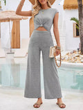 woloong Tied Solid Color Knot Hollow Backless Wide Pants Sleeveless Round-Neck Jumpsuits