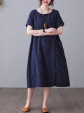 woloong Original Solid Jacquard Short Sleeve Midi Dress