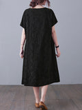 woloong Original Solid Jacquard Short Sleeve Midi Dress
