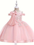 Elegant Girls' Embroidery Cold Shoulder Bow Tutu Dress Kids Clothes Gift Christmas