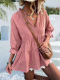 woloong Split-Joint Solid Color Pleated Elasticity Three-Quarter Sleeves Loose V-Neck T-Shirts Tops